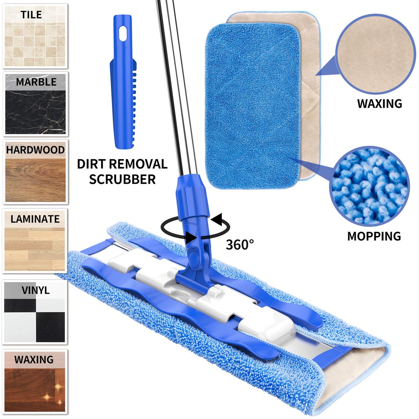 MR.SIGA Professional Microfiber Mop for Hardwood, Laminate, Tile Floor Cleaning, Stainless Steel Handle - 3 Reusable Flat Mop Pads and 1 Dirt Removal Scrubber Included