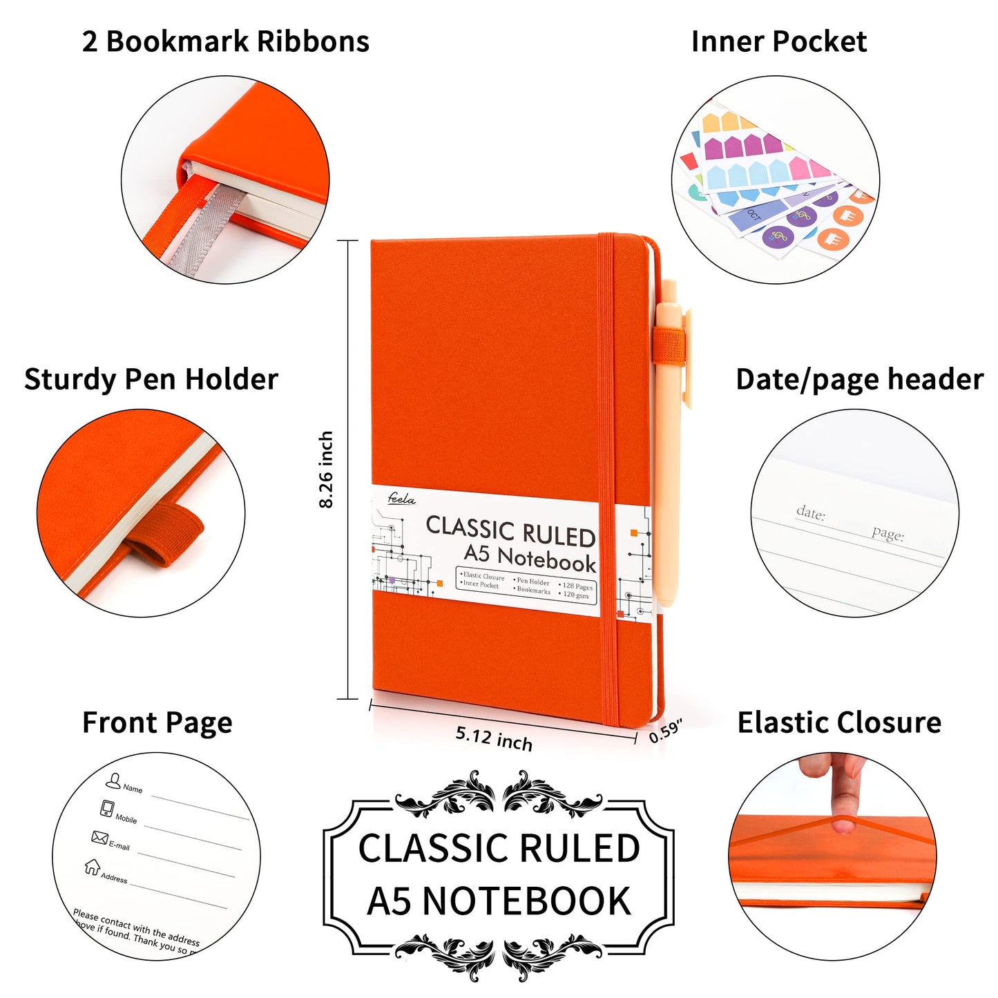 5 Pack Notebooks Journals Bulk with 5 Black Pens, Feela A5 Hardcover Notebook Classic Ruled Lined Journal Set with Pen Holder for School Business Journaling Note Taking, 120 GSM, 5.1”x8.3”, Orange