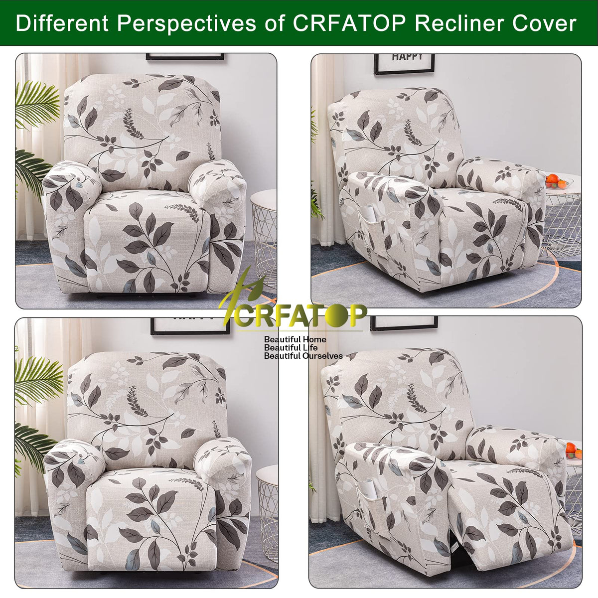 CRFATOP Floral Printed Recliner Cover with Pockets Single Reclining Slipcover 4-Pieces Lazy Boy Recliner Armchair Cover with Elastic Bottom for Recliner Furniture Protector for Kid Pet,A01