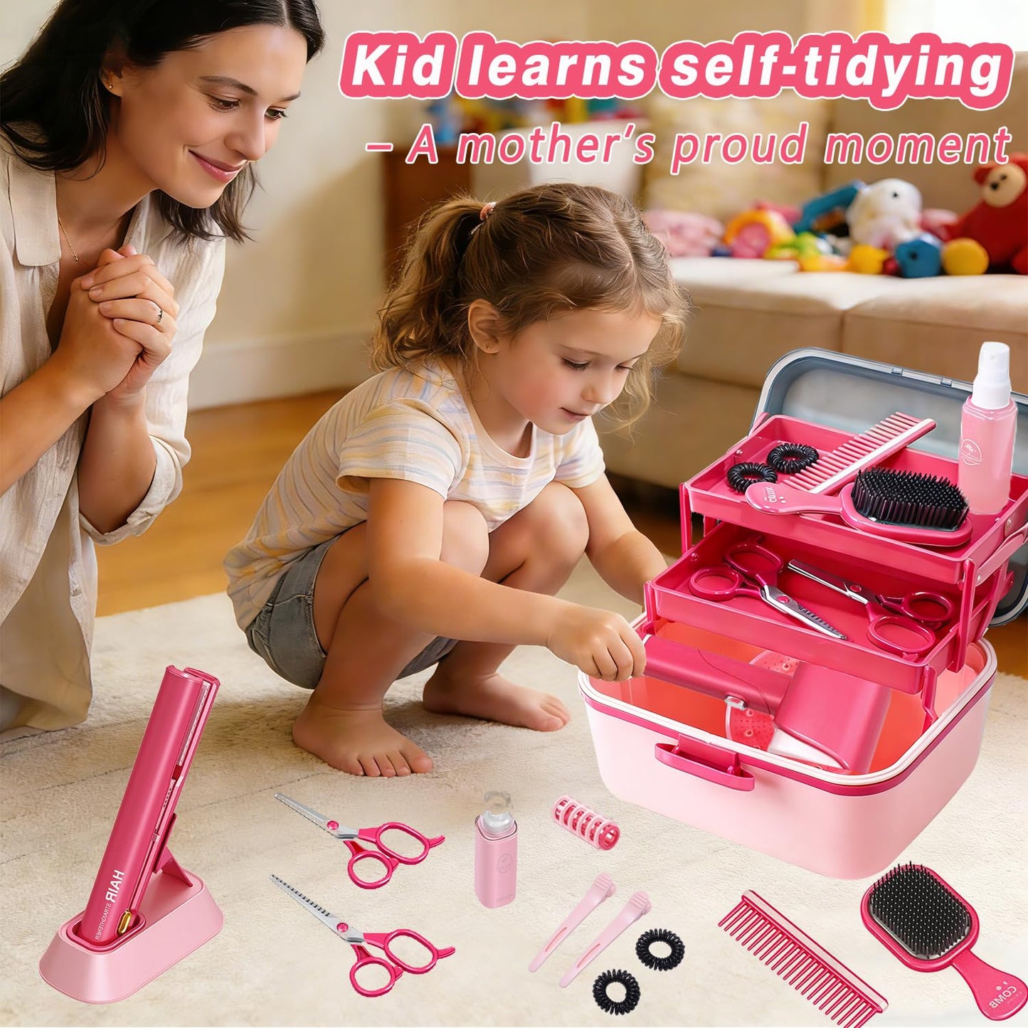 Play Hair Salon Set for Little Girls - Beauty Hair Salon Toys with Realistic Hair Dryer, Curling Iron ，Interactive Lights & Sounds ，Educational Dress-Up Toy Vanities for Kids Ages 3+