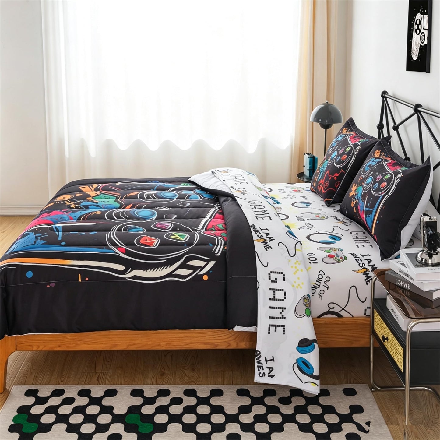 qjmiaofang Gamer Comforter Set for Boys 6 Pieces Black Gaming Bedding Set Twin for Kids Teens Bed in A Bag Gamer Bed Set with Sheets and Pillowcases Soft Microfiber for Home Decor
