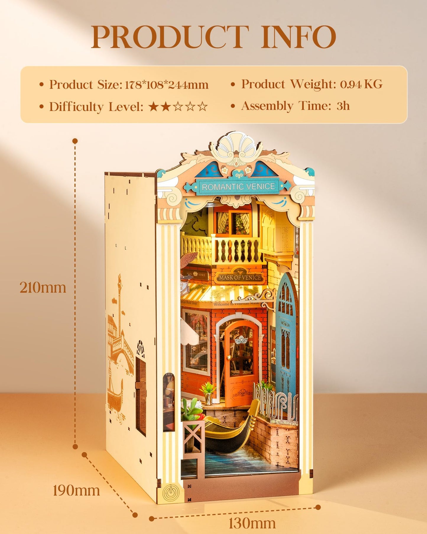 Rolife DIY Book Nook Kit for Adults, Miniature Dollhouse Booknook Kit, 3D Wooden Puzzle Creative Decorative Bookends Bookshelf Diorama Insert Crafts Hobbies Gifts (Romantic Venice)