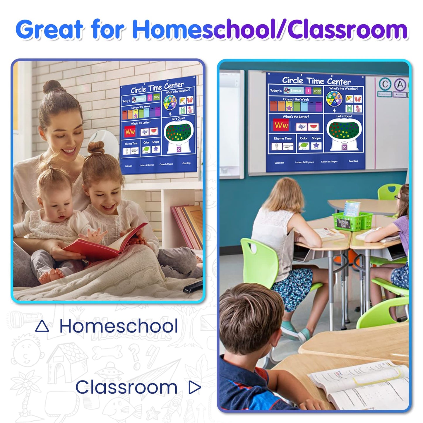 Auchq Circle Time Learning Center Pocket Chart, Heavy-Duty Kids Calendar for Classroom, Educational Pocket Chart Learning Calendar Weather Letter Counting Rhyme Color Shape, Great for Classroom and Homeschool (Blue).
