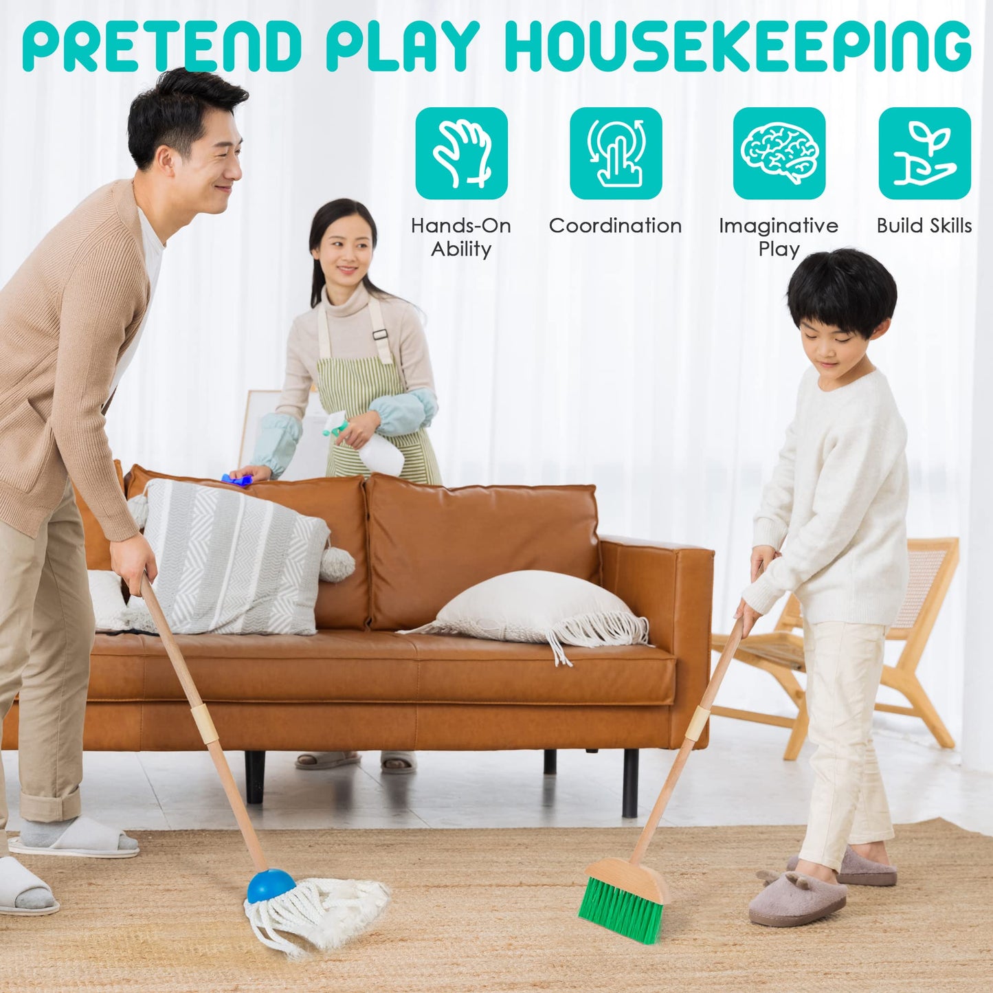 HELLOWOOD Kids Cleaning Set, 8 Pcs Wooden Housekeeping Play Set Includes Broom Mop Duster Dustpan Brushes Rag and Organizing Stand, Cleaning Toys Gift for Toddlers Girls Boys Age 3-6, Solid Beech Wood