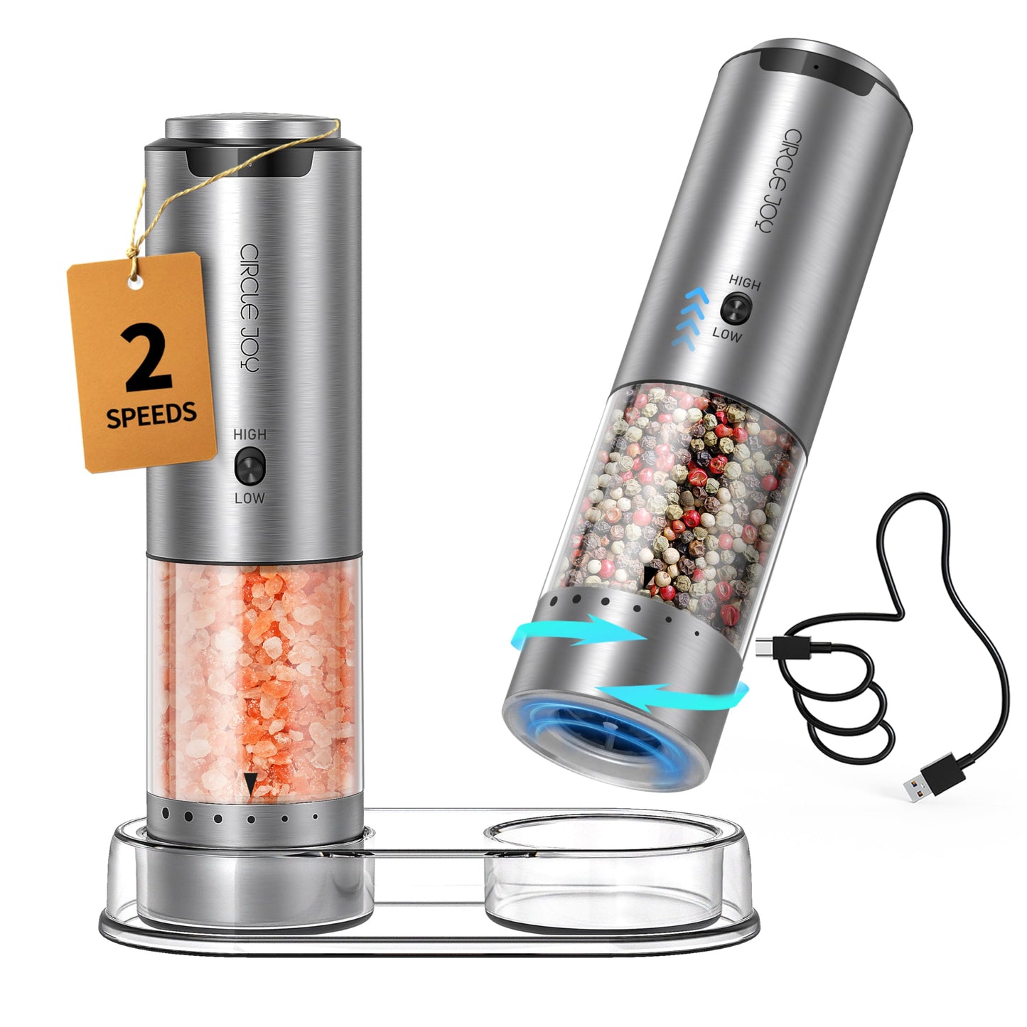 CIRCLE JOY Electric Salt and Pepper Grinder Set, Rechargeable Stainless Steel Spice Grinder with Storage Base, 2 Speed Control, 6 Levels Adjustable Coarseness, LED Light