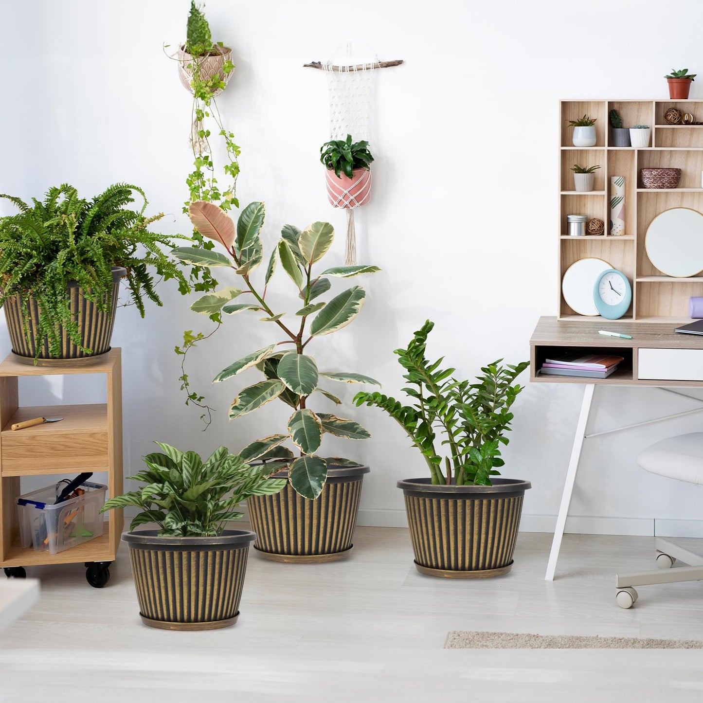 10 Inch Planter-Pots-for-Plants-Indoor-Outdoor, 4 Pack Plastic Flower Pots with Saucer & Drainage Holes, Modern Decorative Resin Garden Pots for Planting Medium Large Plants