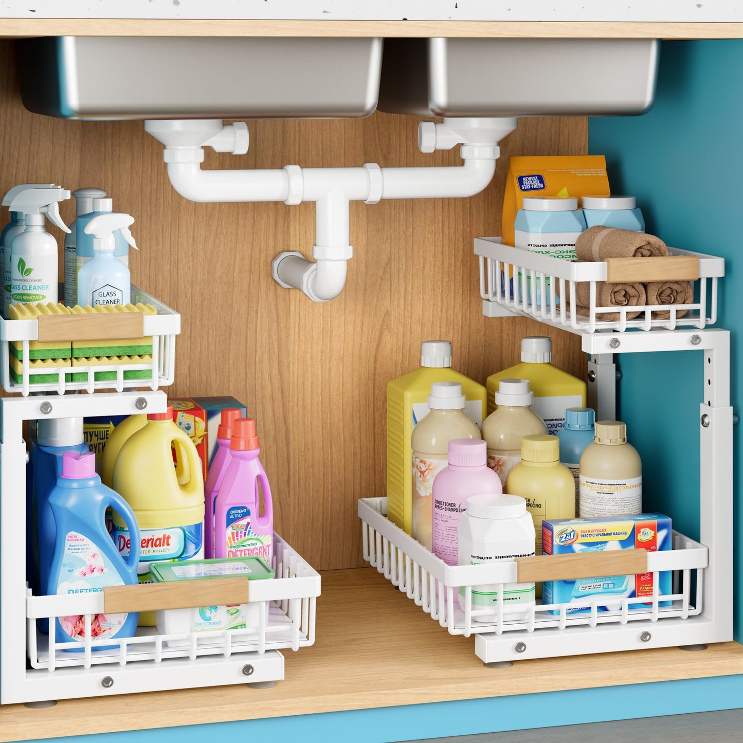Jusdyrack 2 Packs Under Sink Organizer,Small Shelf for narrow spaces,2 Tiers Pull Out Under Cabinet Organizer,Adjustable Height,Slide Out Thickened Metal Under,White