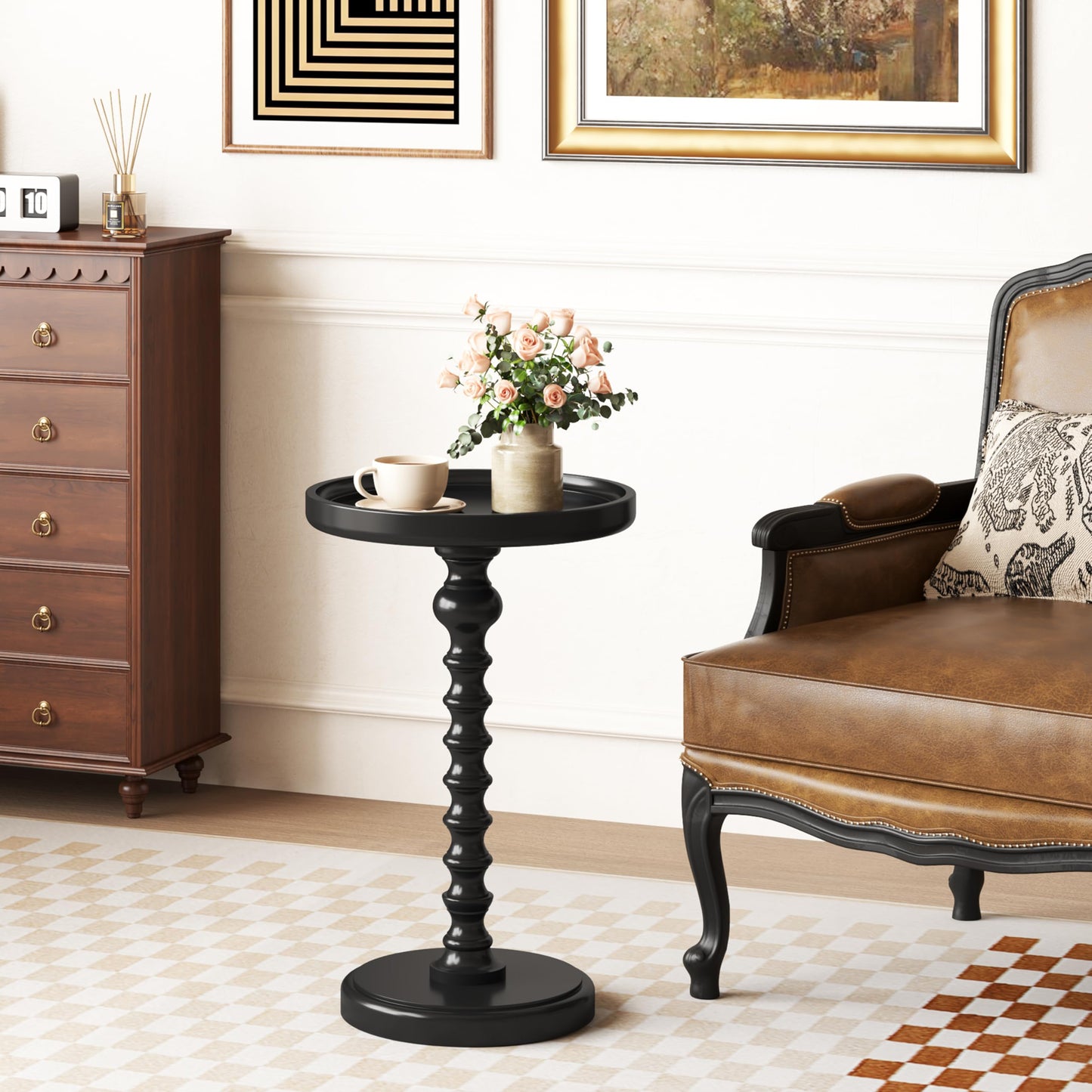 Yusong Round Side Table, Small Drink Table for Small Spaces, Industrial End Table, Accent Nightstand Bedside Table for Living Room, Bedroom, Sofa Couch,Black