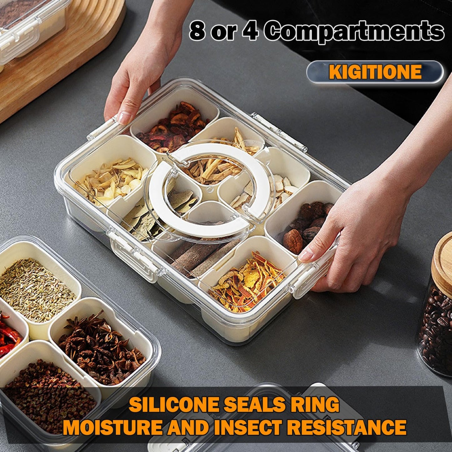 KIGITIONE 2 Pack Snackle Box Container, 8 Compartments Snack Box, Portable Serving Tray with Lid and Foldable Handle, Snack Organizer for Fruits, Snacks, Nuts, Veggies, Ideal for Travel & Picnics
