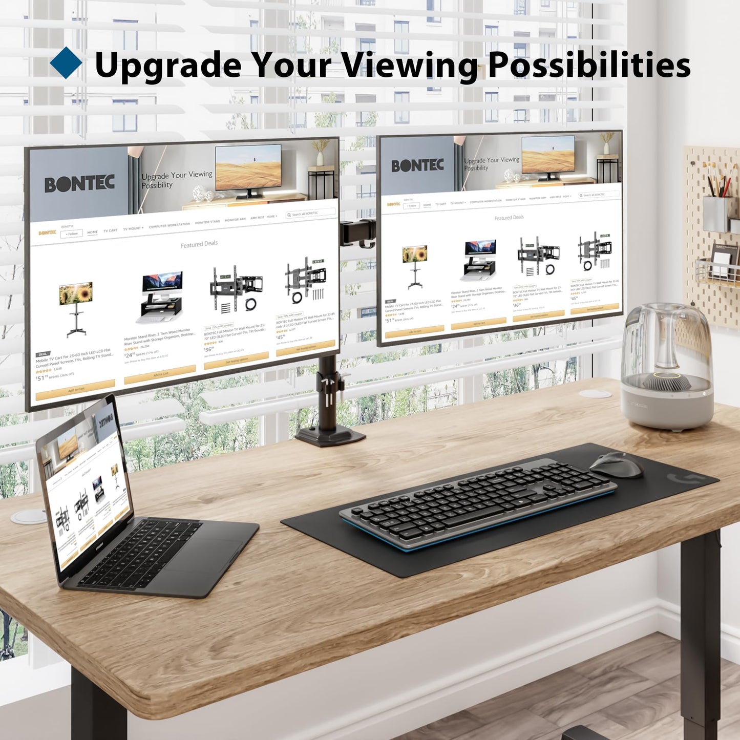 BONTEC Dual Monitor Arm for 13-32 inch LCD LED PC Screens, Height Adjustable 360° Rotation, 90° Tilt and Swivel, 22 lb per Arm, Desk Clamp or Grommet Mount, Cable Management,Black