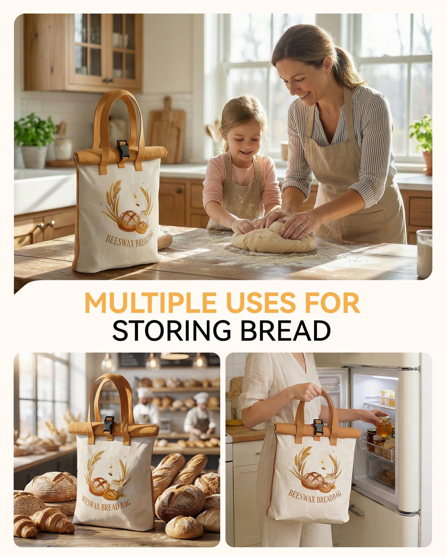 Yofidra Beeswax Bread Bag for Sourdough & Homemade Bread (Reusable & Eco-Friendly) - 100% Natural Beeswax & Cotton, Stylish Bag Design, Detachable for Easy Cleaning, Long-Lasting Freshness (2 Packs)
