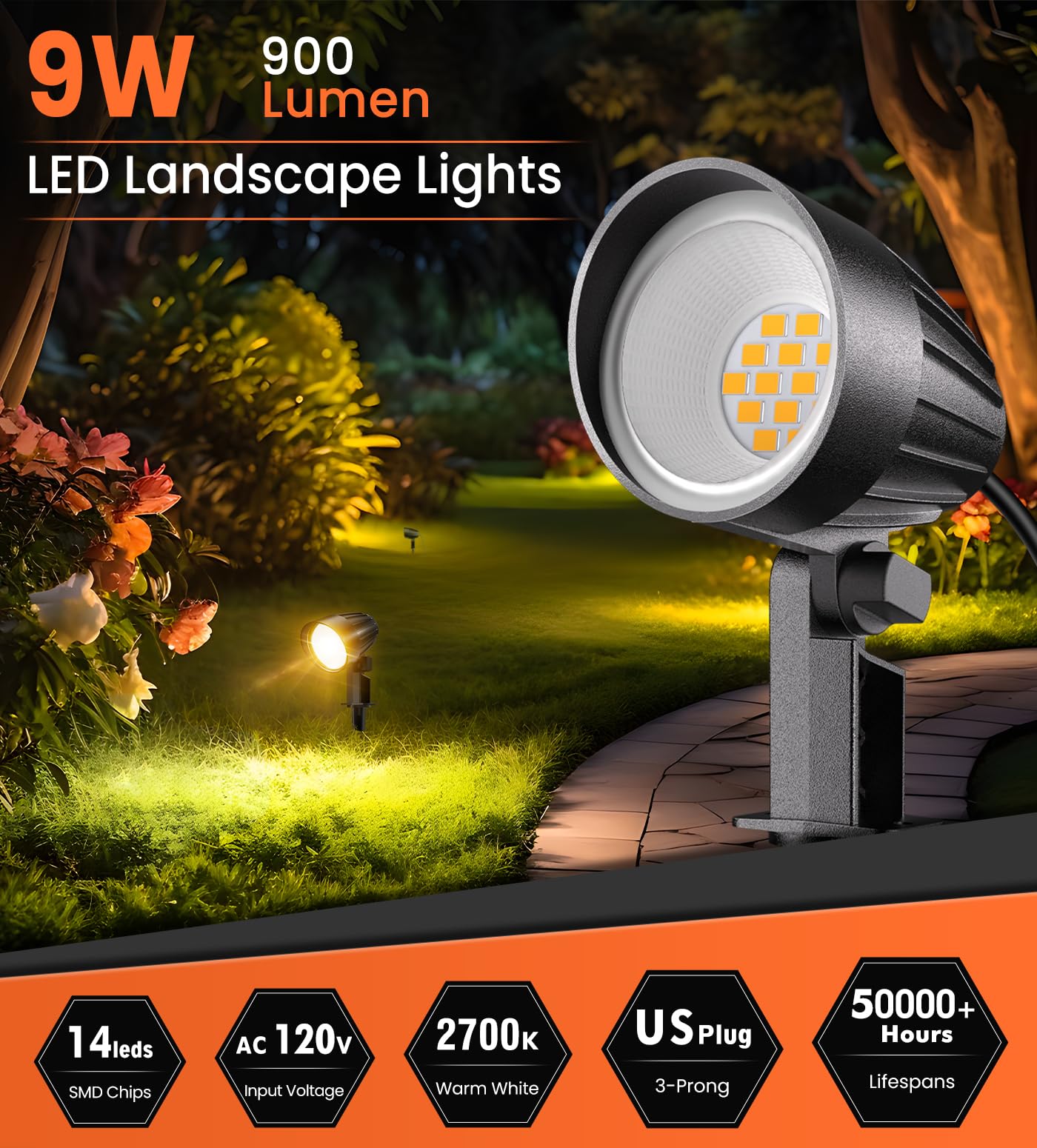 MEIKEE 9W LED Landscape Lights IP66 Waterproof Outdoor 110V Landscape Spotlight Pathway Lights for Yard, Lawn, Garden with US 3-Plug Warm White Lights (2 Pack)