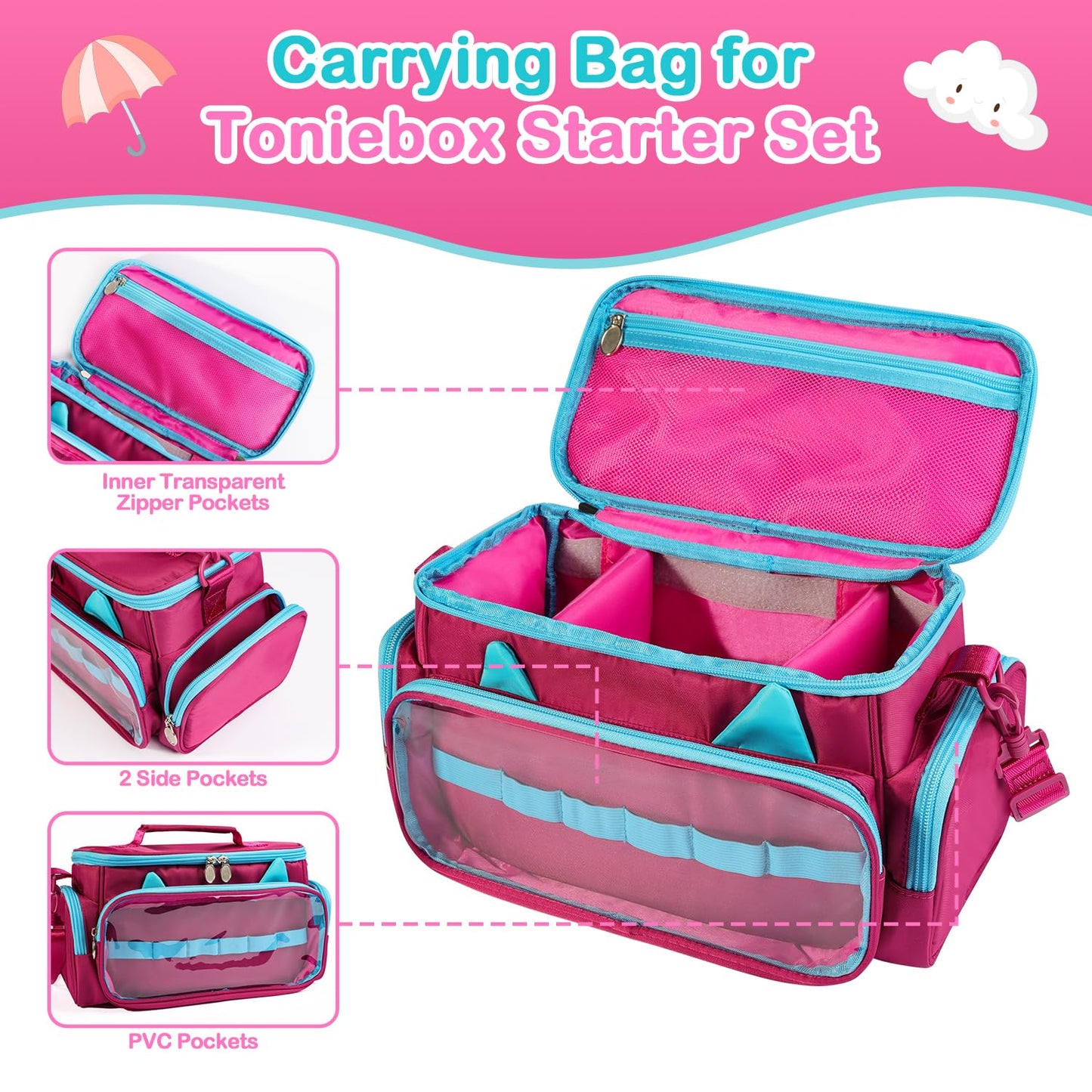 Ottkids Carrying Case for Toniebox Starter Set and Tonies Figurines,Cute Carrying Bag for Tonies Headphones & Accessories,Portable Travel Storage Bag with Shoulder Strap and Handle(Rose)