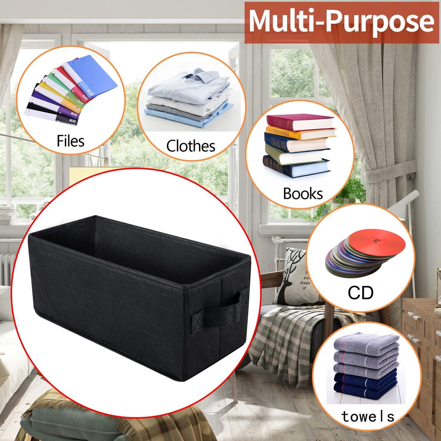 CD Storage Box with Lid,Stackable Storage Box with Handles for Organizer Music Collection -Holds 180 standard jewel cases, 360 slim cases, or 990 sleeves — each with a CD (black, 6pack)