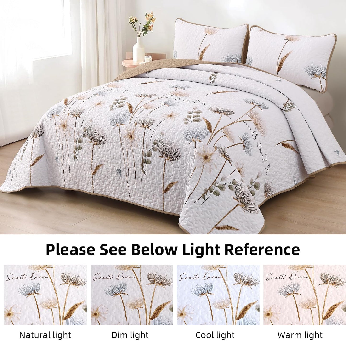 Floral Quilt Set Queen,Botanical Beige/Khaki Bedspread Queen Size 3 Pieces Lightweight Summer Quilts Microfiber Farmhouse Bedding Set Soft Flower Bedspreads White quilted Coverlet Sets for All Seasons