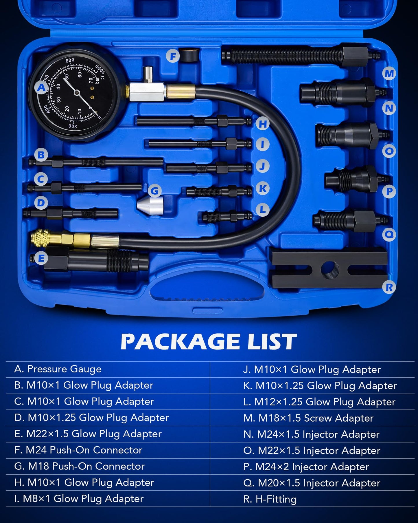 Orion Motor Tech Diesel Engine Compression Tester Kit, 16 pc Cylinder Compression Tester Kit with 0-1000 psi Fuel Pressure Gauge Adapters Carrying Case, Universal Diesel Car Motorcycle Diagnostic Tool