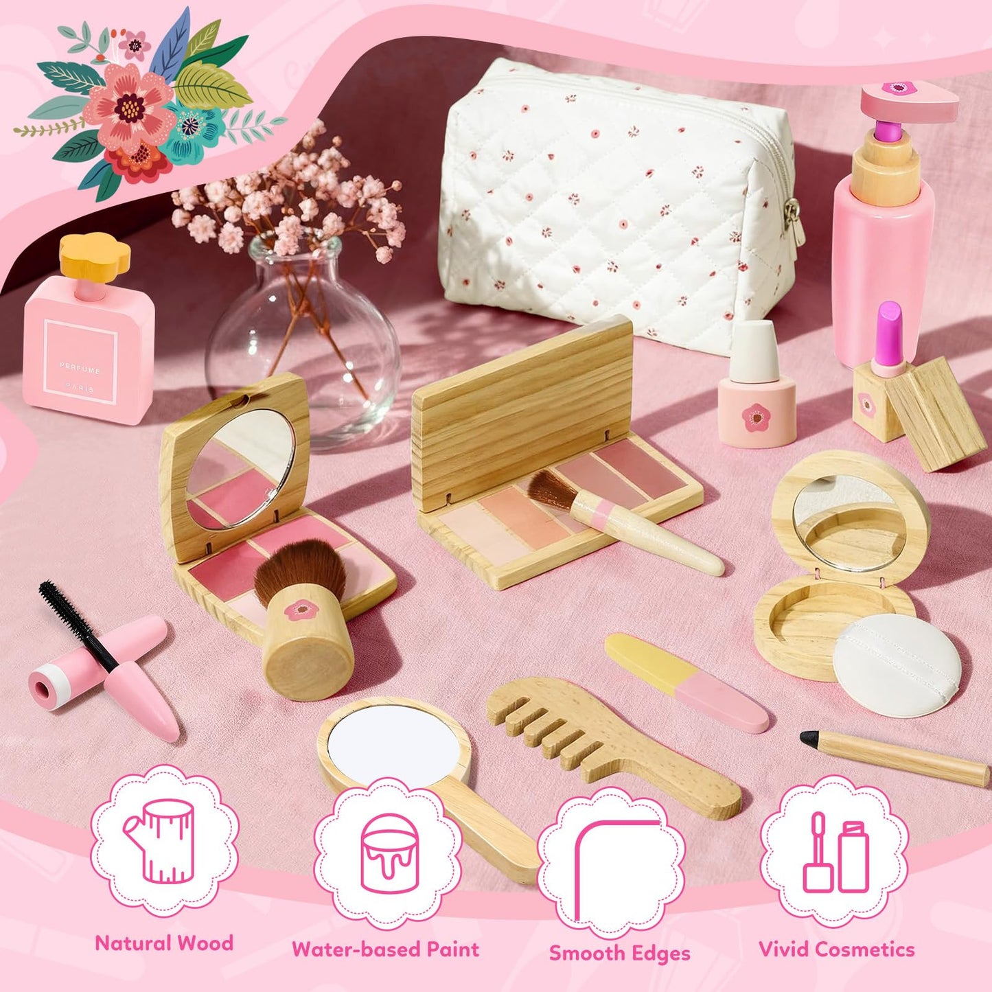 WELIN Wooden Makeup Toy Set, 17-Pieces Toddler Pretend Play Makeup Bag, Role-Playing Toys for Girls Ages 3-8, Perfect Christmas Birthday Gifts for Girls