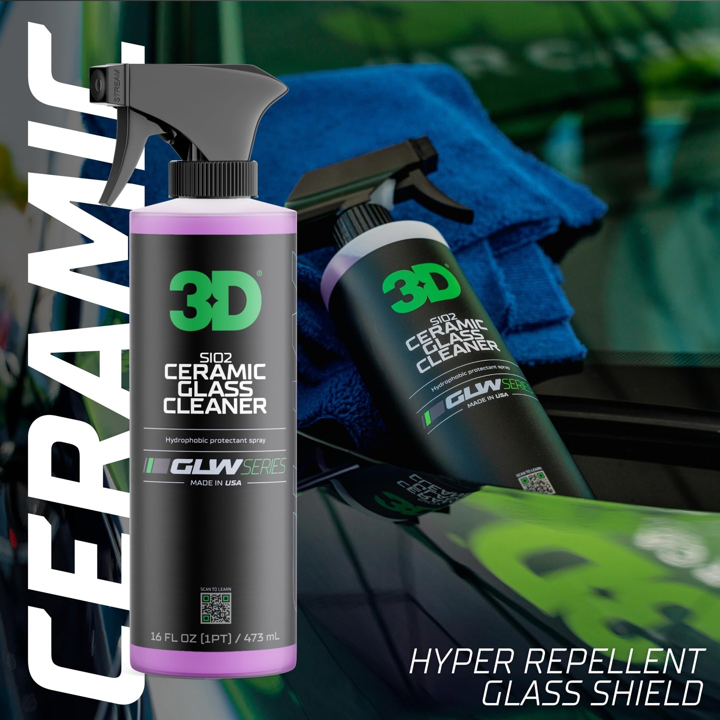 3D SiO2 Ceramic Glass Cleaner, GLW Series | Water & Rain Repellent | All-Weather Protective Ceramic Glass Cleaner | Safe for Tinted, Non-Tinted Windows & Mirrors | DIY Car Detailing | 64 oz