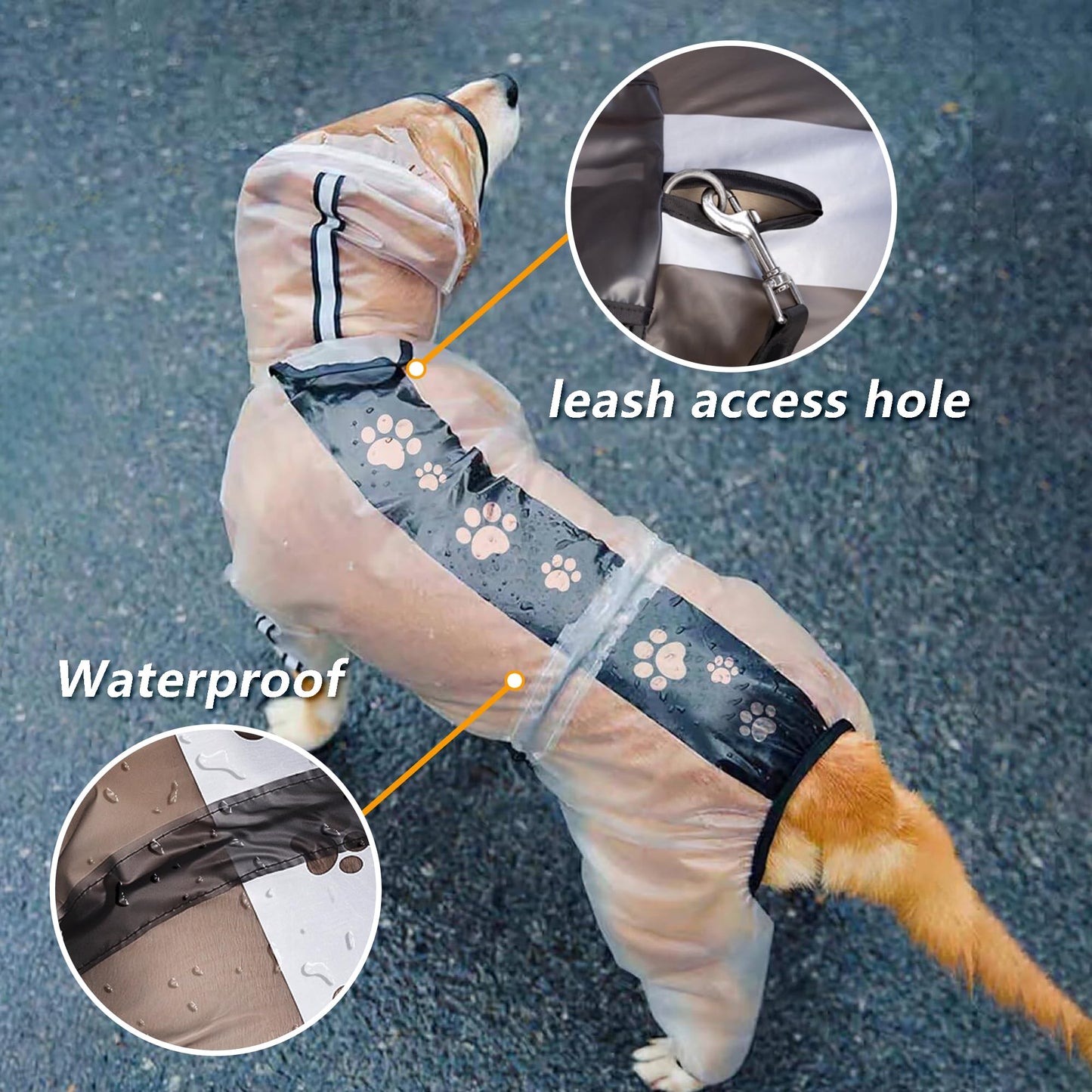 Olsa Dog Raincoat, Dog Hooded Slicker Poncho, 4 Legs Dog Rain Jacket with Reflective Stripe, Transparent Water Proof Resistant Dog Rain Snow Clothes for Small Medium Large Dogs