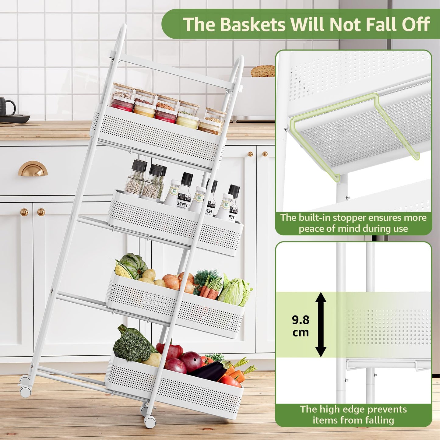 KINGRACK 5-Tier Slim Storage Cart with Pull Out Basket, Rolling Bathroom Organizer Utility, Metal Shelving Unit Slide Out, Lockable Wheels, Easy Assembly for Narrow Place, Kitchen, Laundry Room
