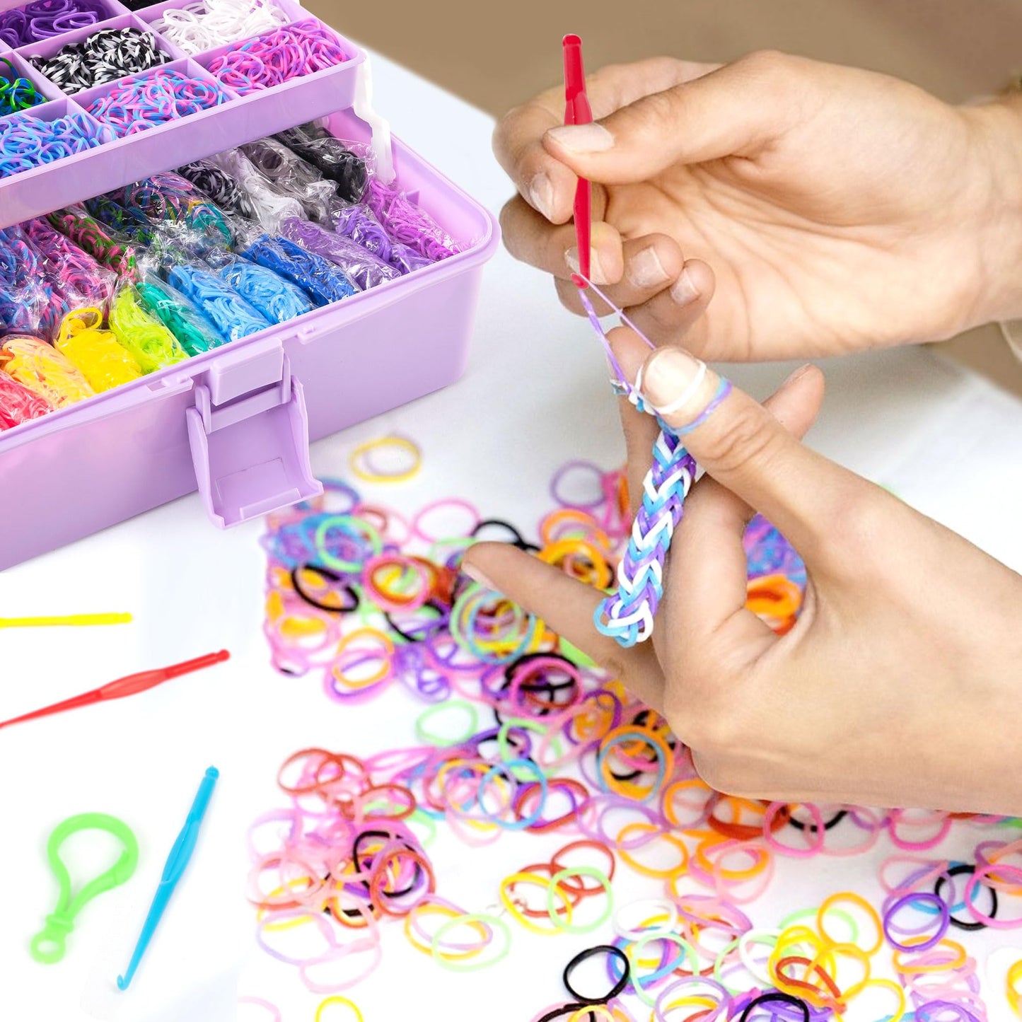 17500+ Rubber Loom Bands with 3 Layer Light Purple Container, 28 Colors, 600 S-Clips, 352 Beads, 40 Cartoon Pendant, Bracelet Making Refill Kit for Kids