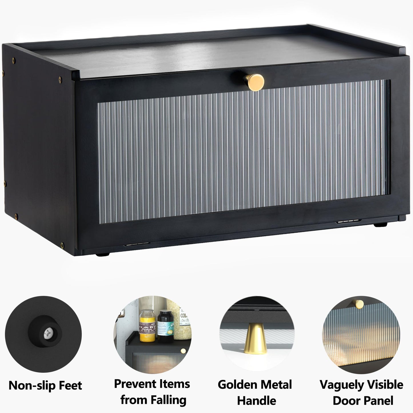 ETMI Black Bread Box for Kitchen Countertop-Large Modern bamboo Bread box with Window Bread Storage Container