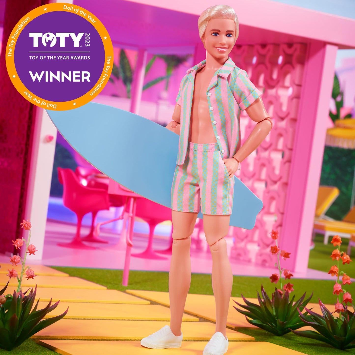 Barbie The Movie Ken Doll, Collectible Wearing Pastel Pink & Green Striped Beach Matching Set with Surfboard & White Sneakers