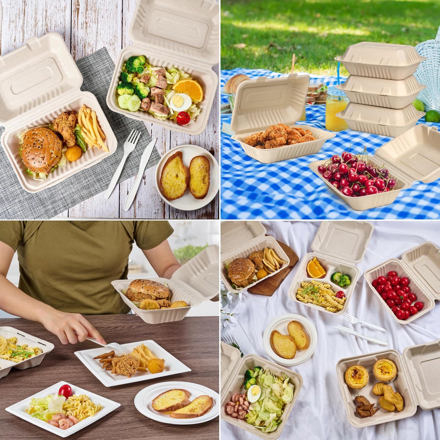 9 x 6 Clamshell Take Out Food Containers - 75 Pack Disposable To Go Containers, Compostable & Biodegradable Made of Sugar Cane Fibers