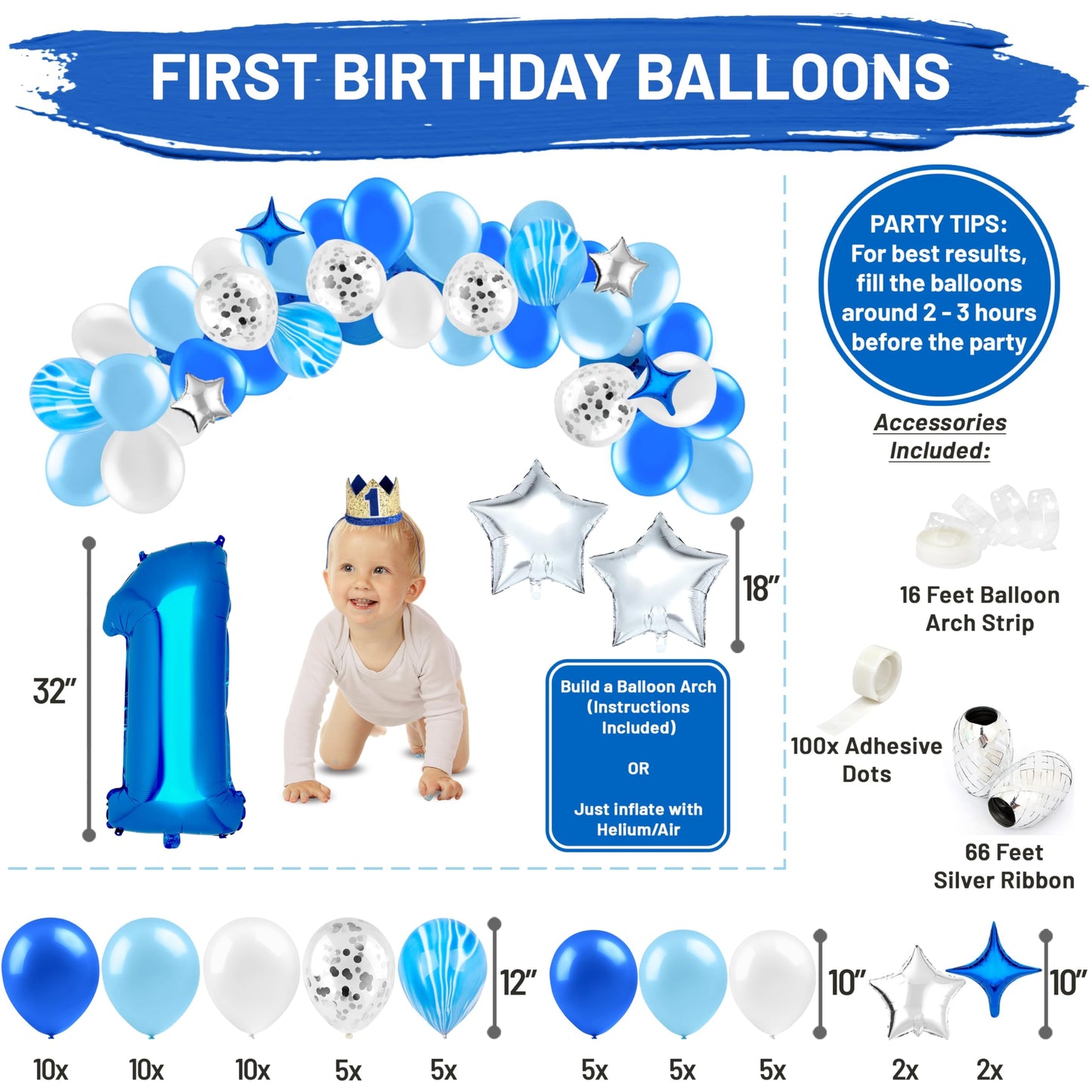 PartyHooman Boy 1st Birthday Decors: Package With Photo Banner, Backdrop, Crown, High Chair Banner & Supplies