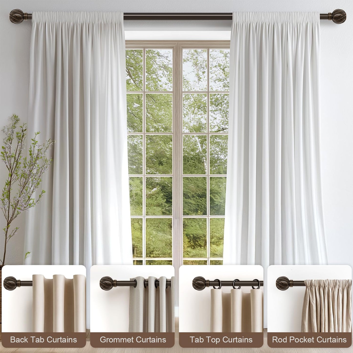 Brown Curtain Rods for Windows 48 to 84 Inches Adjustable Length Heavy Duty 7/8" Diameter Window Curtain Rod with Decorative Finials for Outdoor Farmhouse Bedroom Kitchen Living Room
