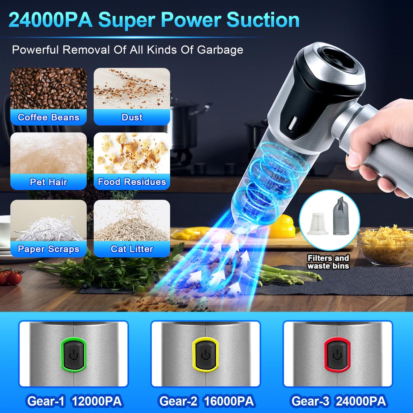 Car Vacuum Cleaner,Handheld car Vacuum Cordless 24000PA Powerful Rechargeable Small Portable Vacuum Cleaner w/ 3 Modes LED Light for Pet Bed Home Office