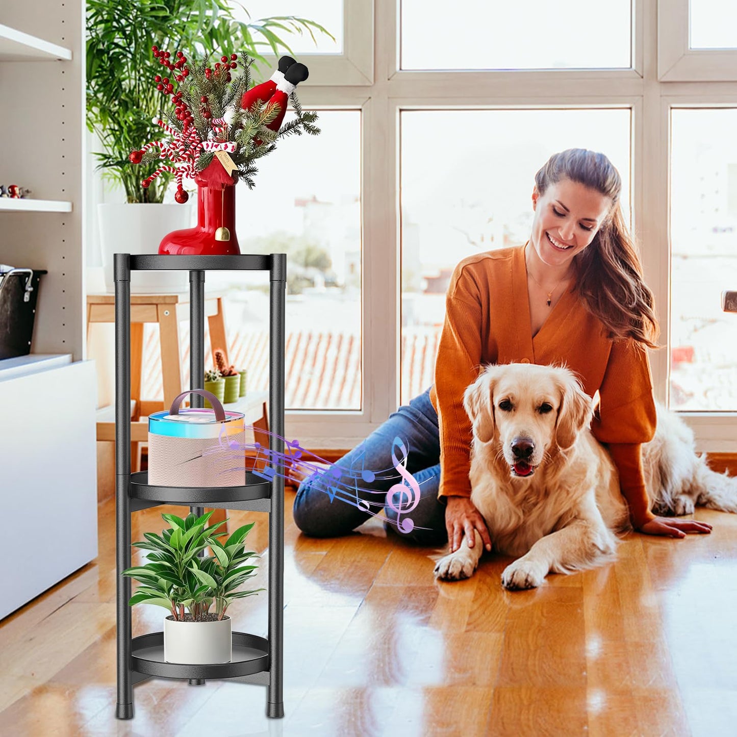 MeyRolizn 3 Tiered Plant Stand Indoor Outdoor, Metal Corner Plant Stand Plant Shelf Tables, Heavy Duty Flower Shelf Display Rack for Indoor Living Balcony Patio Garden Bedroom Classroom, Black (Black-A)