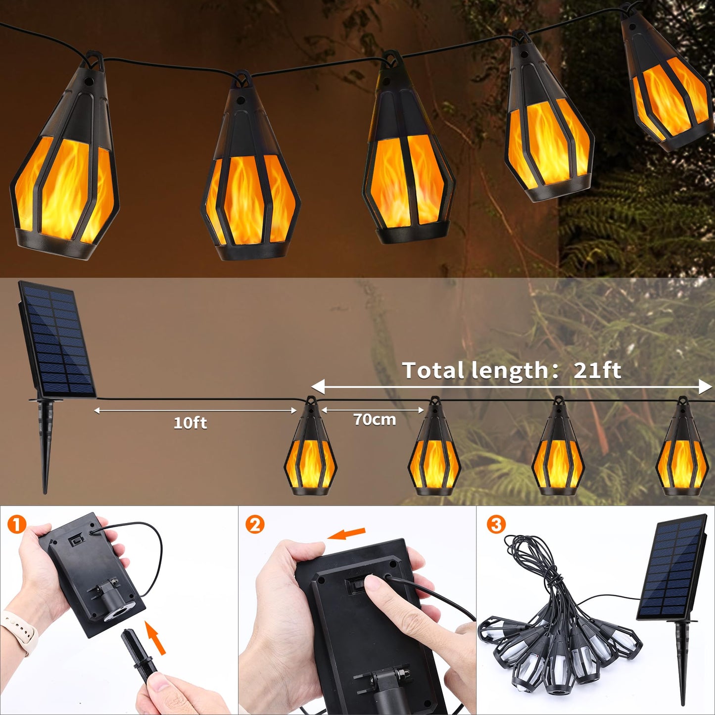 Jnaurb Solar String Lights for Outside, 21Ft Patio Lights with 10 Flickering Flame Light Bulbs, Waterproof Warm White Solar Powered Outdoor Light for Garden Yard Patio Gazebo Bistro Cafe Party Decor