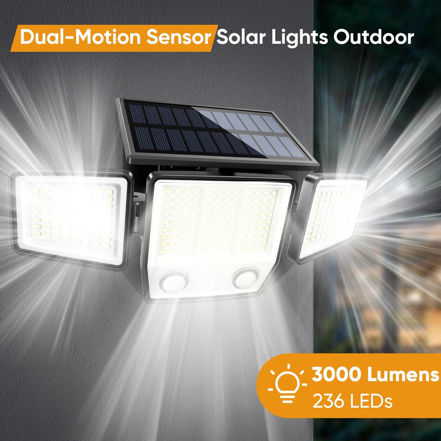 Solar Motion Sensor Outdoor Lights Waterproof - 3000LM 3 Modes Solar Security Lights Outdoor 270° Illumination IP65 LED Solar Flood Wall Light for Garden Yard Patio Pathway (2 Pack)