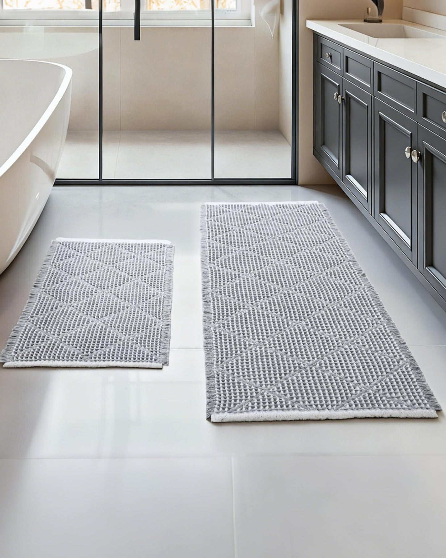 Furicher Waffle Bath Mat Non Slip, Boho Bathroom Mat Set 2 Piece, Ultra Absorbent Bathroom Rug, Grey Bath Mats for Bathroom Decor, Long Washable Bath Mat, Bathroom Runner 20"×47" + 18"×30"