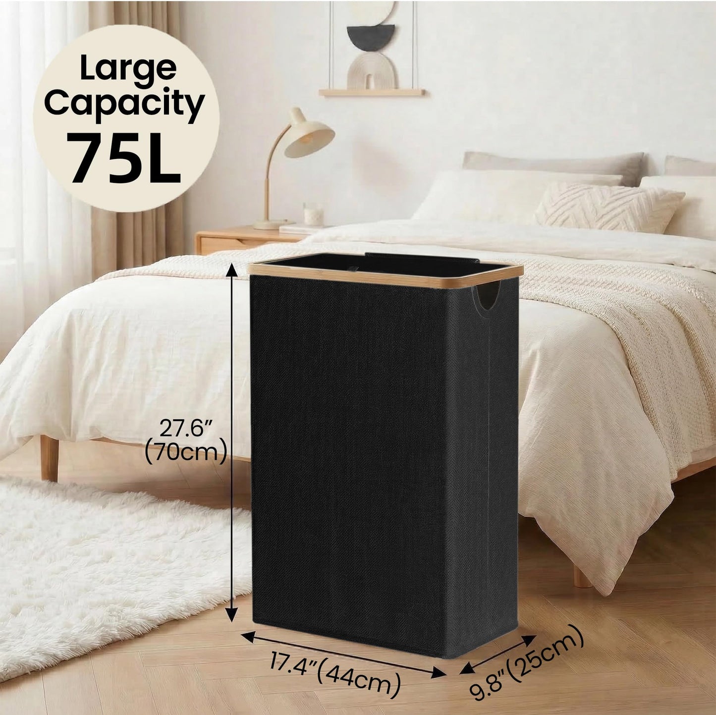 efluky 75L Slim Laundry Basket with Lid, Narrow Laundry Hamper with Removable Bag, Skinny Dirty Clothes Basket with Bamboo Handles for Bathroom, Bedroom & Laundry Room, Black