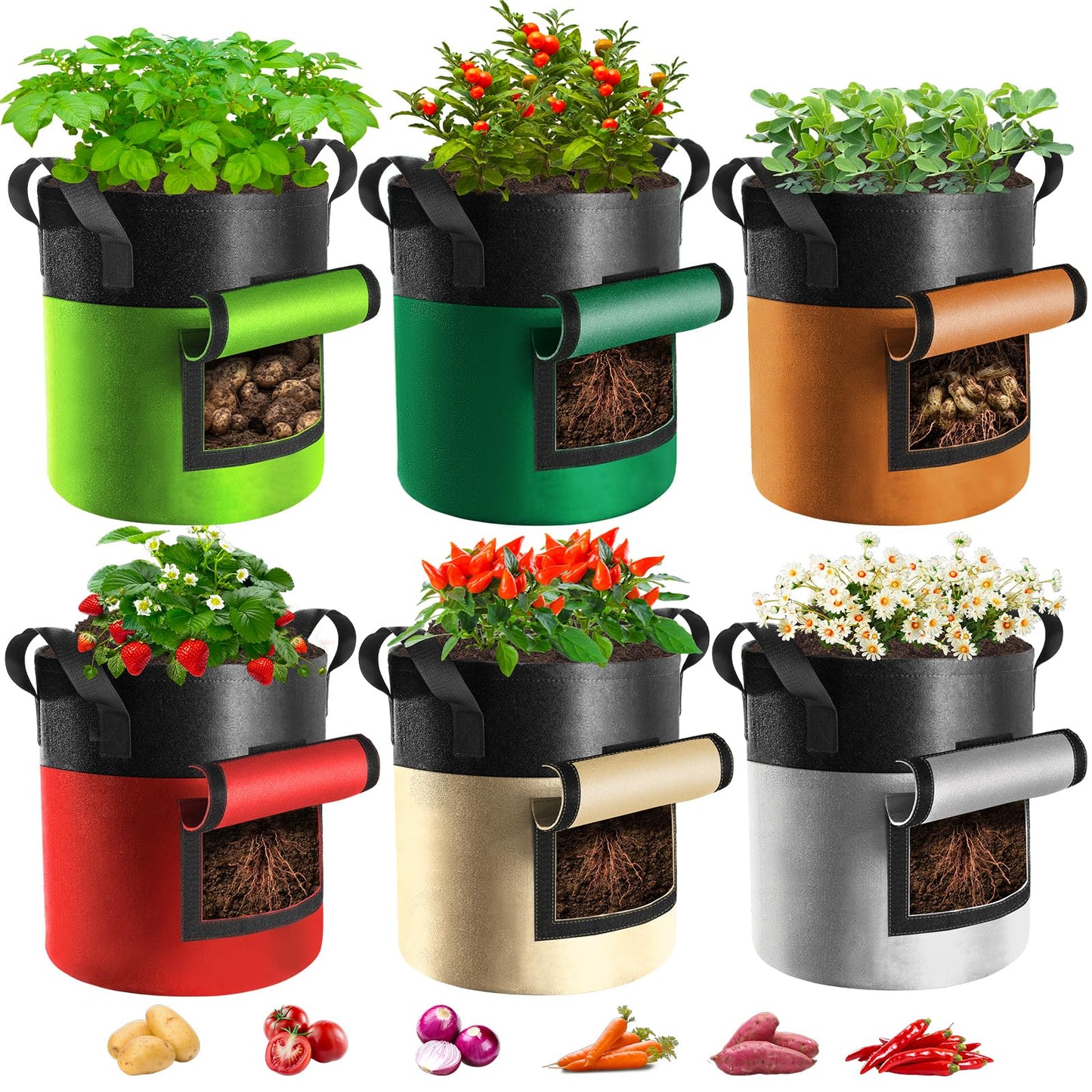 Xpatee 6 Pack Potato Grow Bags with Flap, 20 Gallon Grow Bags for Growing Potatoes, Xpatee Colorful Durable Fabric Garden Planter Pots with Harvest Window for Tomatoes Vegetables Fruit Flowers Herbs