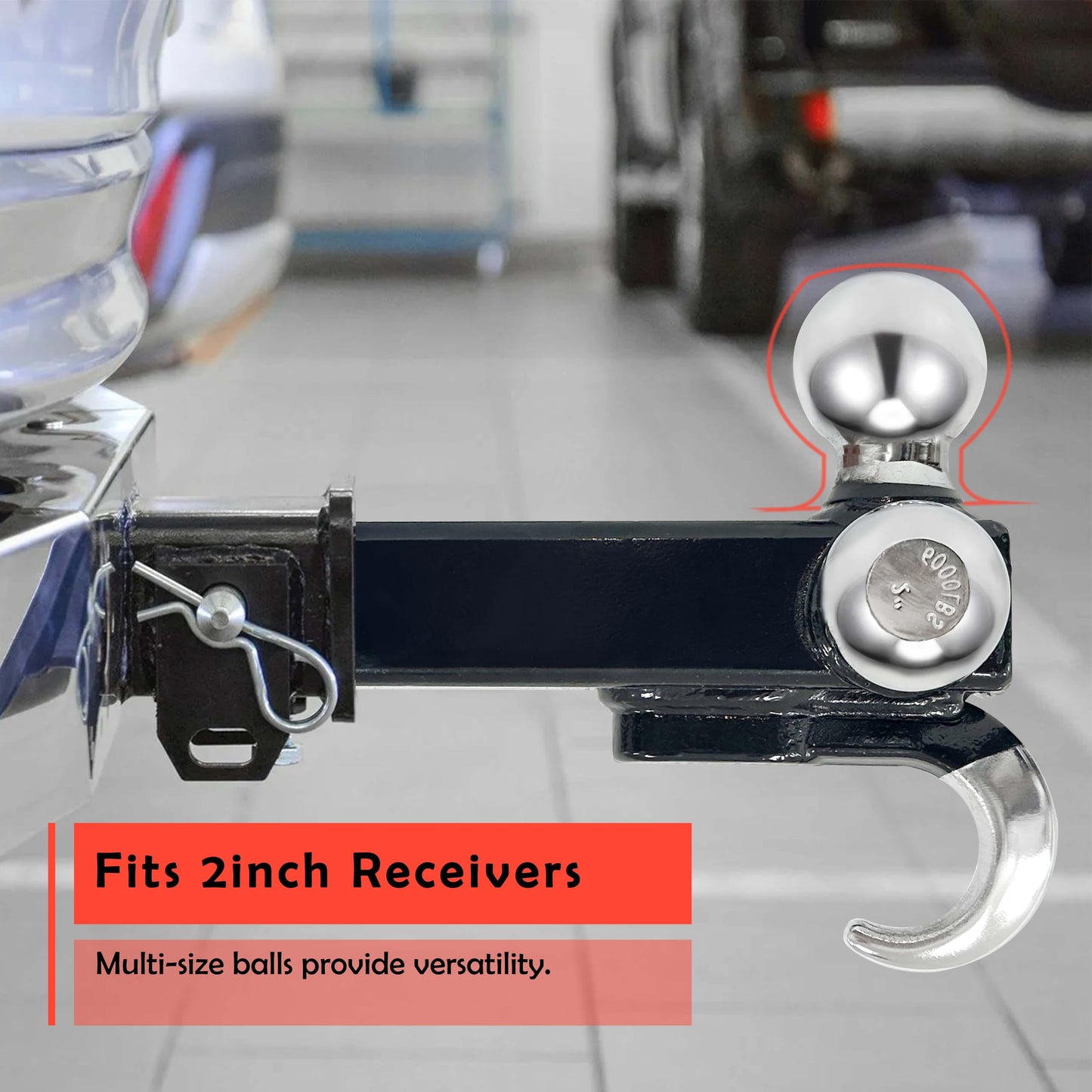 NUCHOICE Trailer Hitch Tri-Ball Mount with Hook, Fits 2” Receiver, 1-7/8”, 2”, 2-5/16” Towing Balls, Heavy-Duty Steel, Black Finish