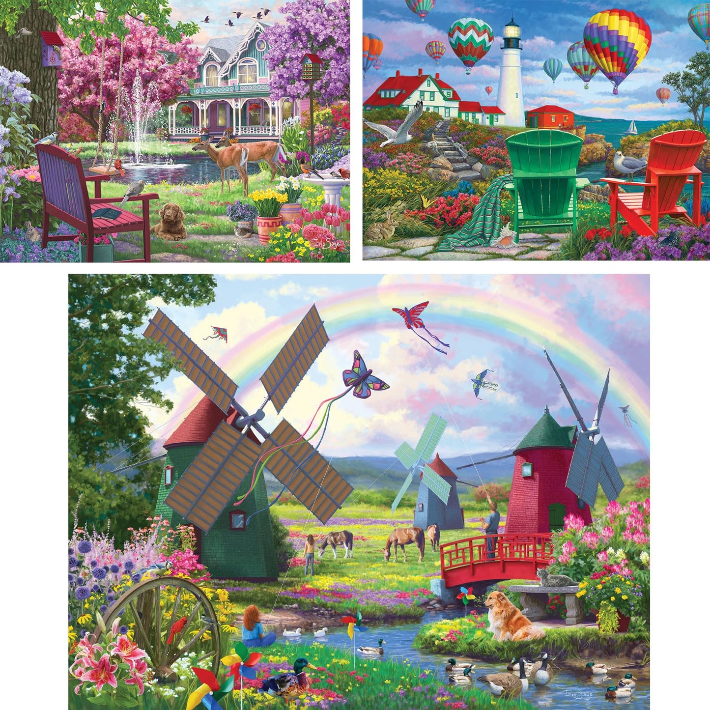 Bits and Pieces - Value Set of Three (3) - 300 Piece Jigsaw Puzzles for Adults - Large Piece 300 pc Colorful Nature Jigsaws Bundle by Artist Iris Sage - 18” x 24”