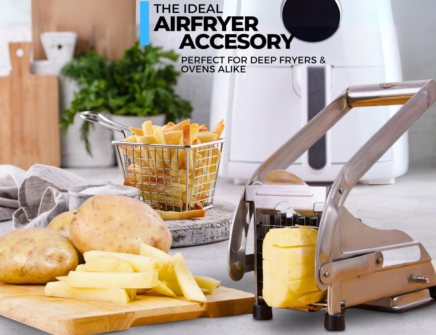 ICO Stainless Steel 2-Blade French Fry Potato Cutter, No-Slip Suction Base, Perfect for use with Air Fryer