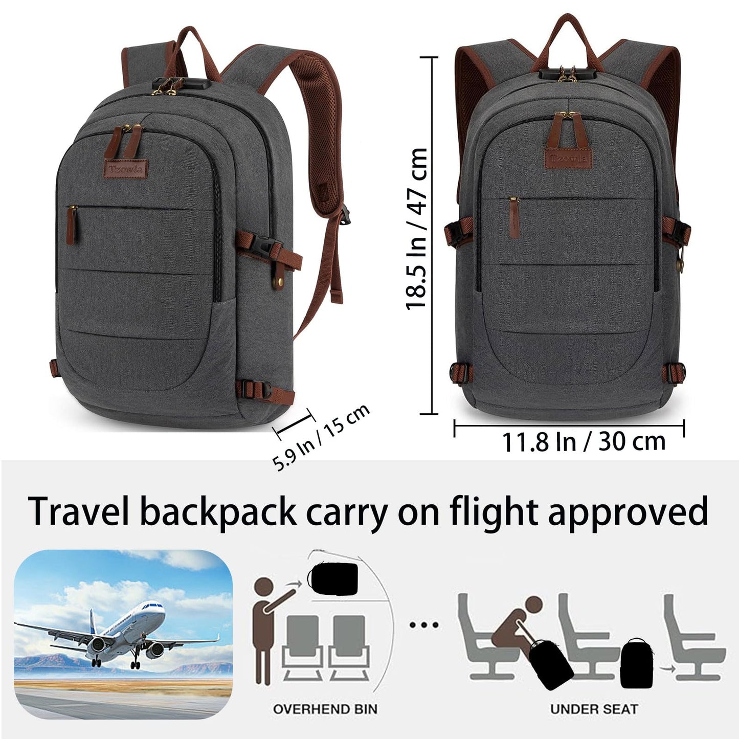 Tzowla Canvas Laptop Backpack Men,Bag for Women,Anti-Theft Rucksack Fits 15.6 Inch Laptop,School Work Travel College Backpack,Bookbag with USB Charging Port and Lock,Dark Grey