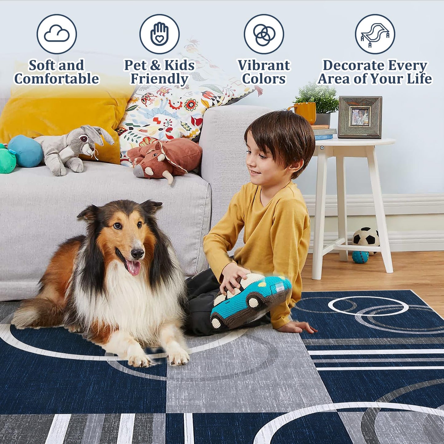 RUGSREAL Washable Rug 5x7 Abstract Circles Area Rug Non Slip Floor Carpet Contemporary Soft Rug Low Pile Accent Rug for Indoor Living Dining Room, Navy