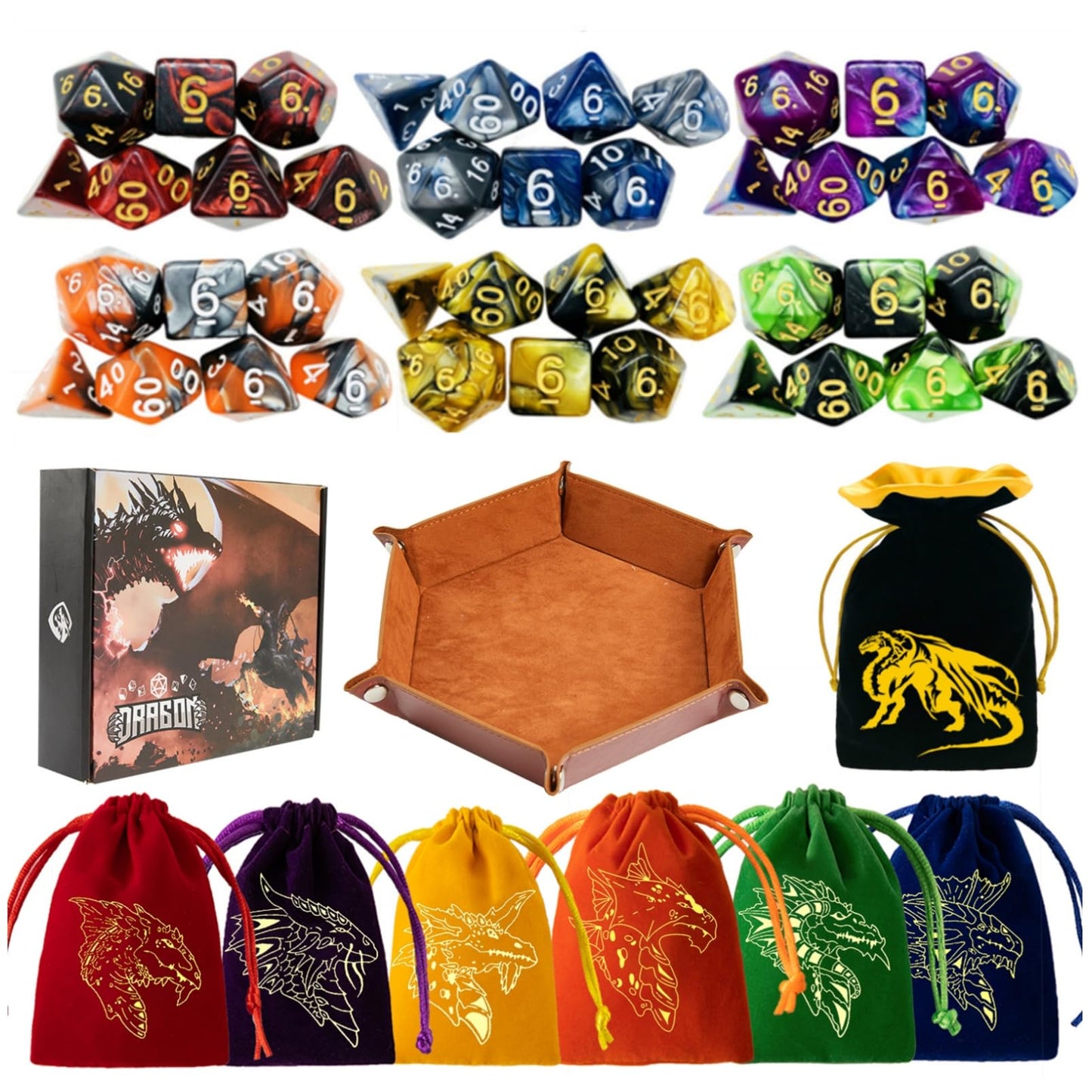 REZIPO Gifted Package 6 Sets DND Dice Double-Color Polyhedral Dice Dungeons and Dragons Rolling Dice for RPG MTG Table Games with Six Drawstring Bags and D&D Dice Tray