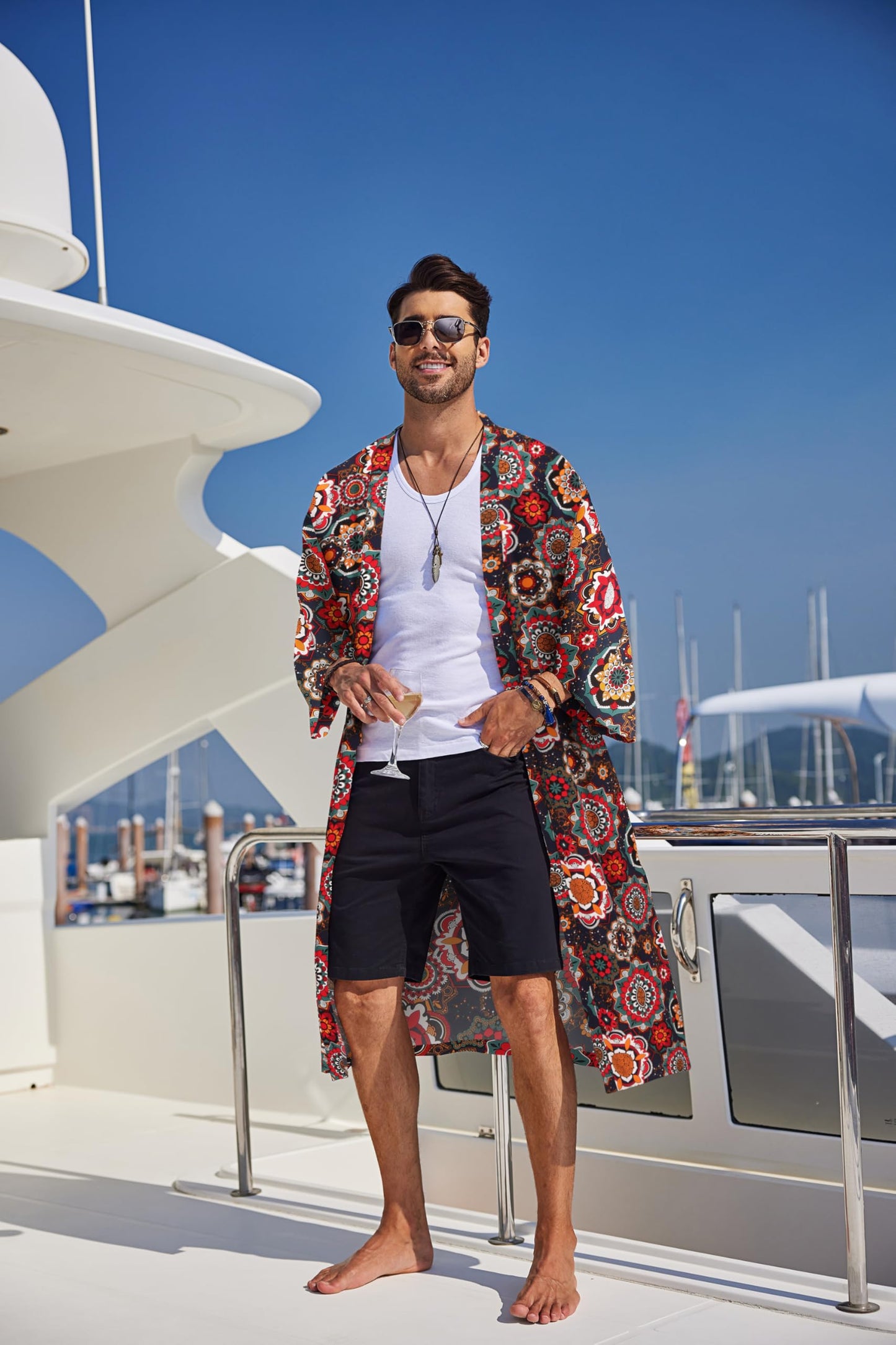 COOFANDY Men's Lightweight Kimono Robe Jacket Printed Japanese Style Bathrobes Casual Open Front Long Cardigan Coat Outwear, Blue Red (Ethnic Style), Small