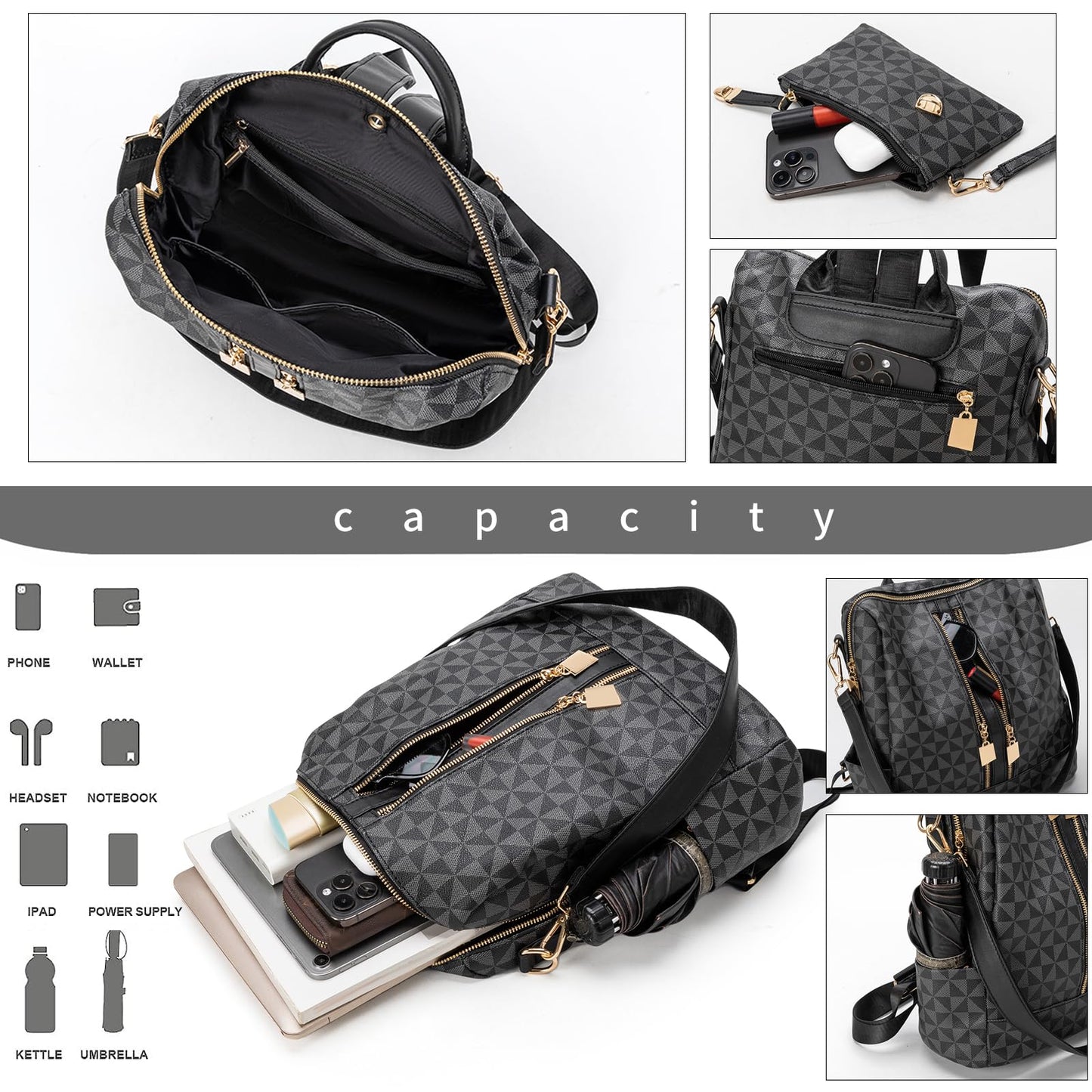 Womens Backpack Purse Leather Anti-theft Large Fashion Designer Travel Backpack Bag Men's Backpack Shoulder Bags, C-black, Large, Laptop Backpack