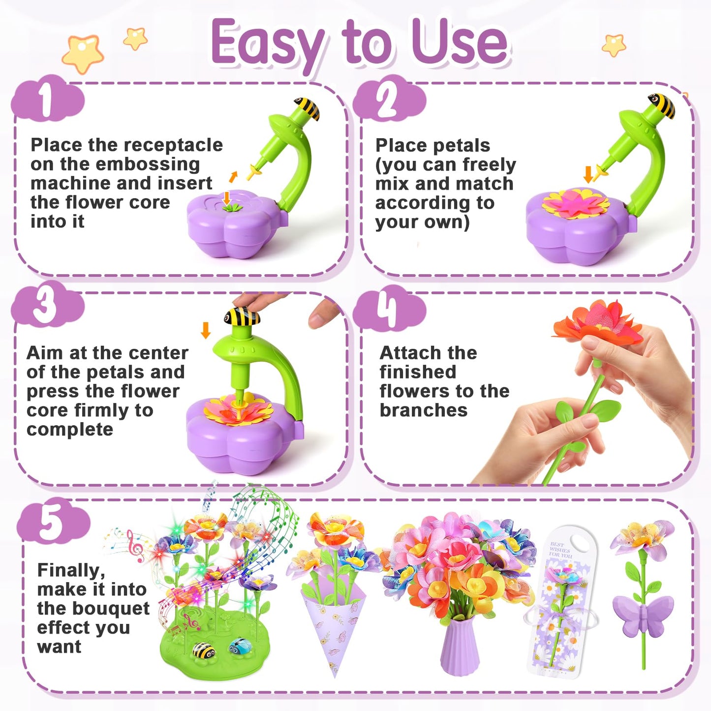 Fabric Flower Bouquets Toys, DIY Arts and Crafts Kit Toys for Kids Ages 4-8, Preschool Educational Activity Toy, Toddler Girls Christmas Birthday gifts for 4 5 6 7 8 Year Old Girl