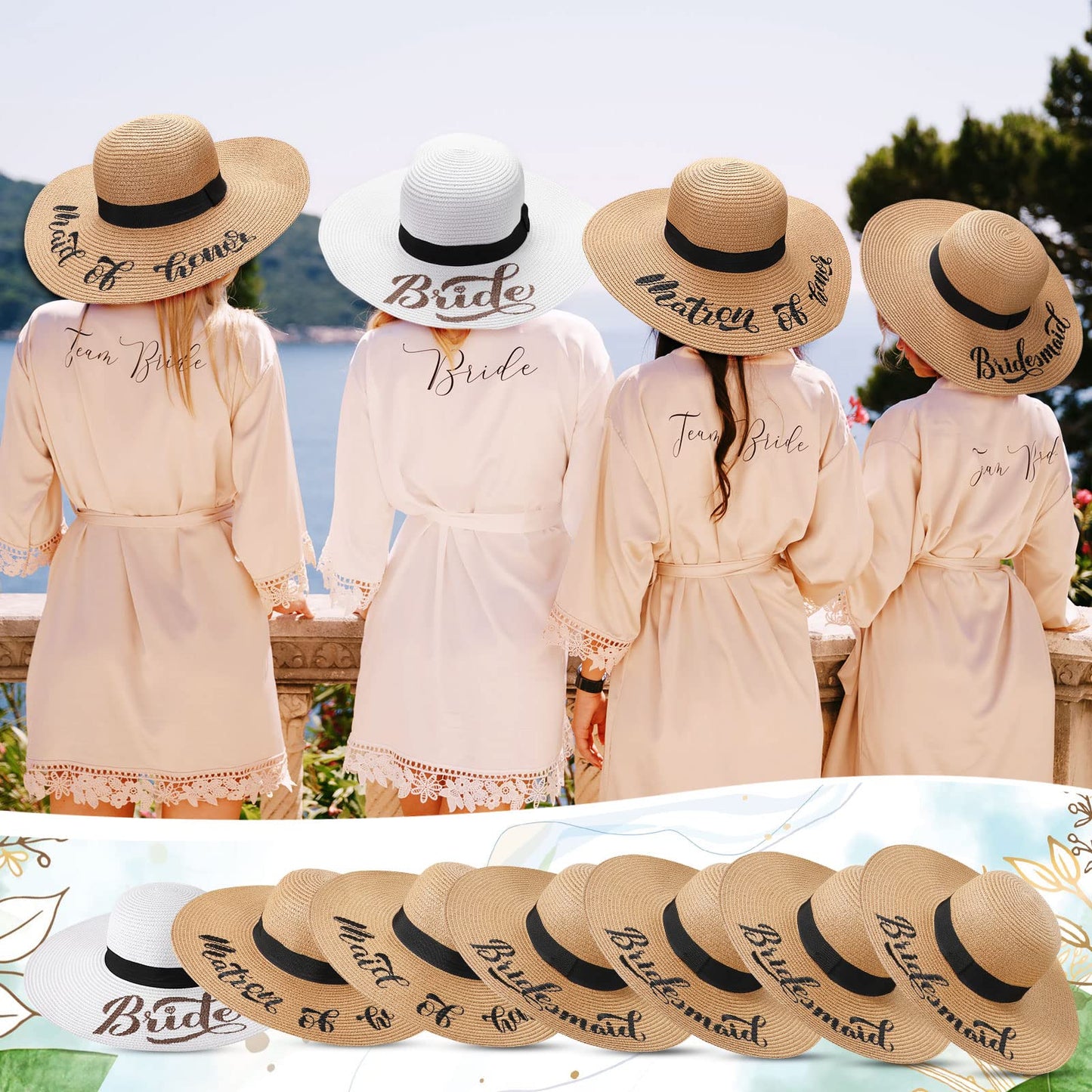 Geyoga 7 Pcs Bride and Bridesmaid Sun Hat Bulk Foldable Floppy Women Hat for Bachelorette Party Gift Honeymoon(Cute Style)