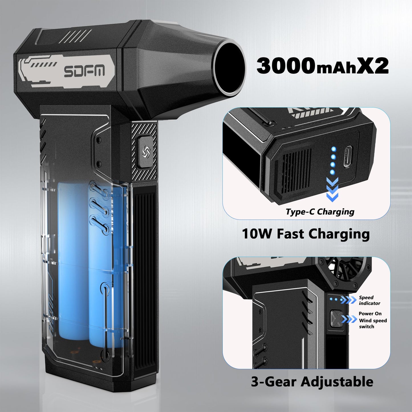 SDFM Compressed Air Duster - 180,000 RPM Compressed air - with Brushless Motor, 3-Gear Adjustable Air Duster - for Keyboard, PC, Car, Air Bed, and Home Cleaning (Black)