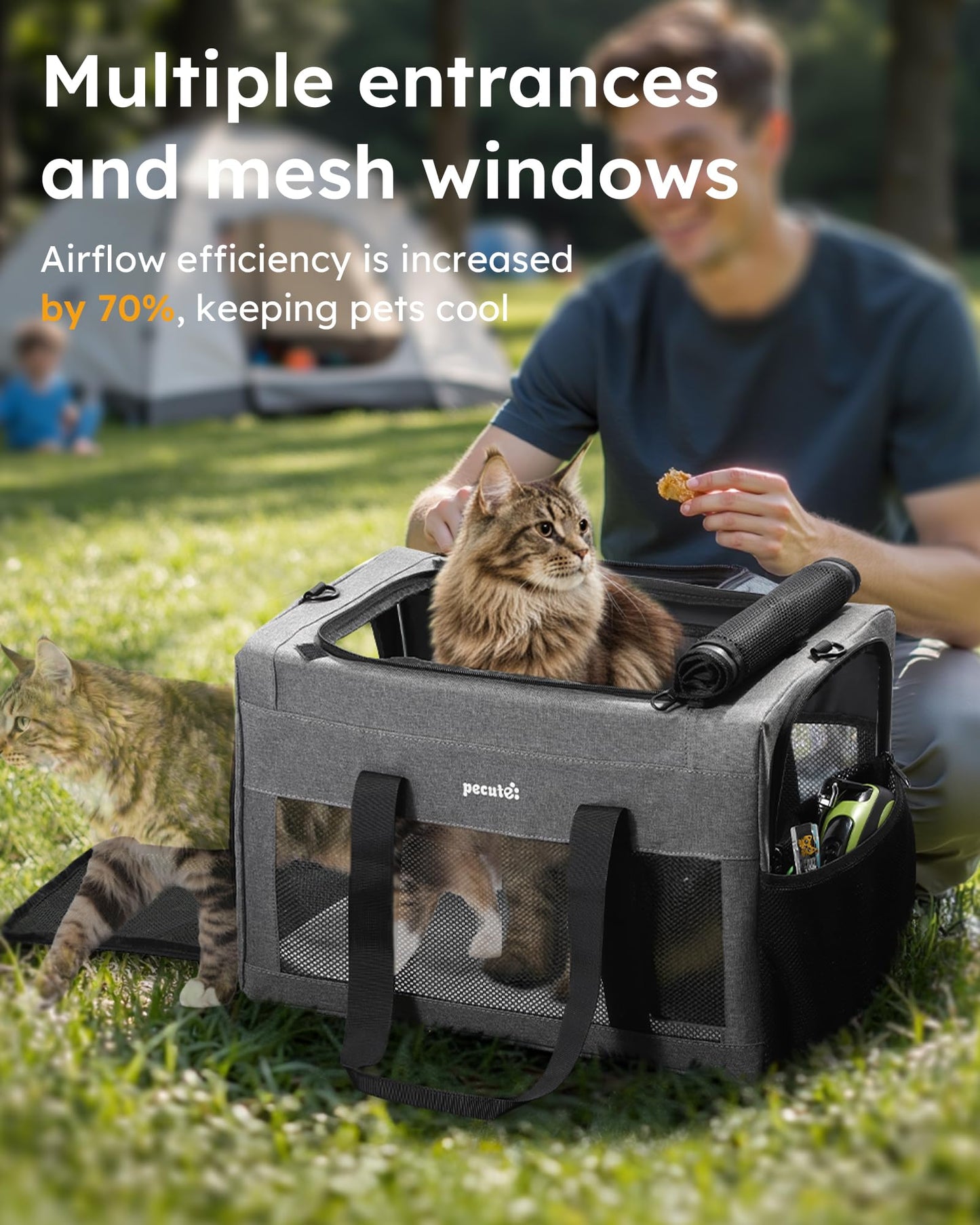 Pecute Cat Carrier 47 * 30 * 33cm, Thickened 5mm Steel Wire Frame, Stable Dog Carrier for Small Dogs, Breathable Foldable Pet Carrier with Sunshade, Suitable for Pets up to 7kg/15lbs (Gray),XL