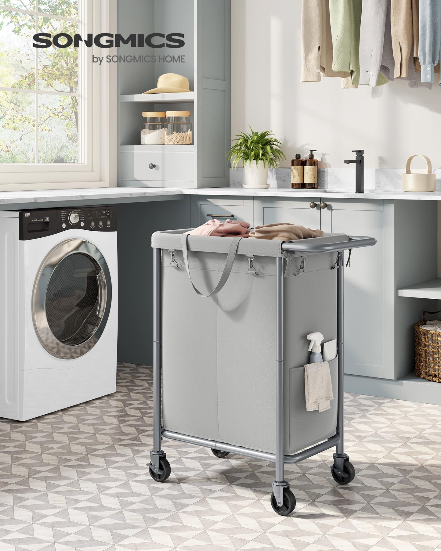 SONGMICS Laundry Basket with Wheels, 2-Section Rolling Laundry Hamper, 37 Gallons (140 L), Removable Liner, Steel Frame with Handle, 69 x 39 x 81 cm, Dove Gray URLS004G01